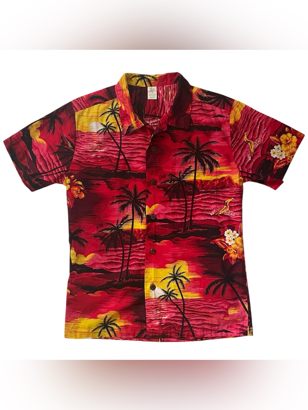 Palmwave Hawaii Mens Hawaiian Shirt Red Sunset  Aloha Tropical Beach Cotton-S